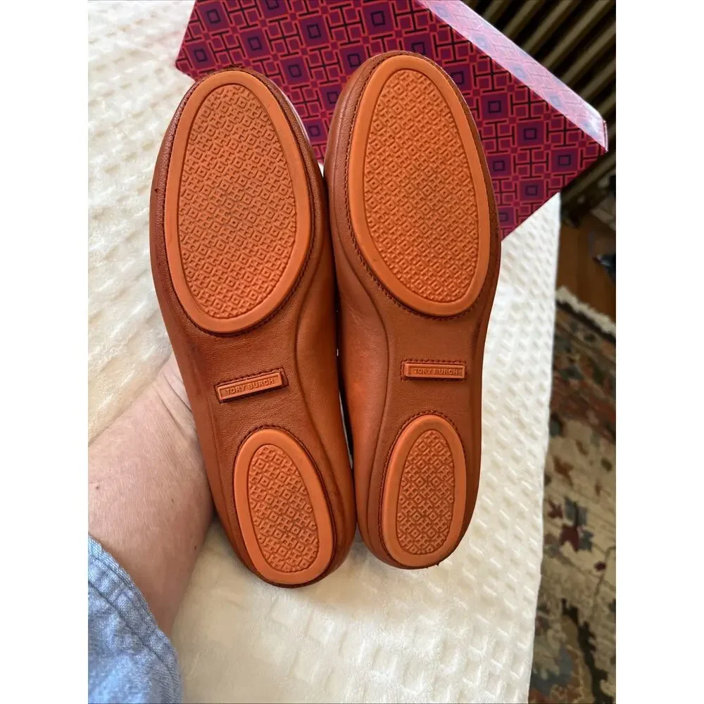 Tory Burch 7 Ballet Ballerina Flats Leather Orange Reva Minnie Travel w/ Box